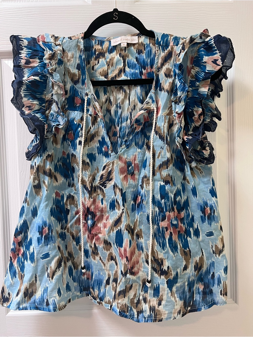 House of Harlow 1960 Y2K Ikat Floral Split Neck Ruffle Sleeve Beach Boho Top M